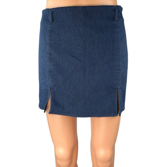 Zara Blue High Waisted Front Slit Zip Mini Straight Pencil Denim Skirt Skort MN - Picture 1 of 5